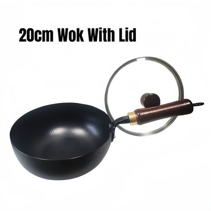 Handmade Hammered Cast Iron Non-Coated Wok with Lid